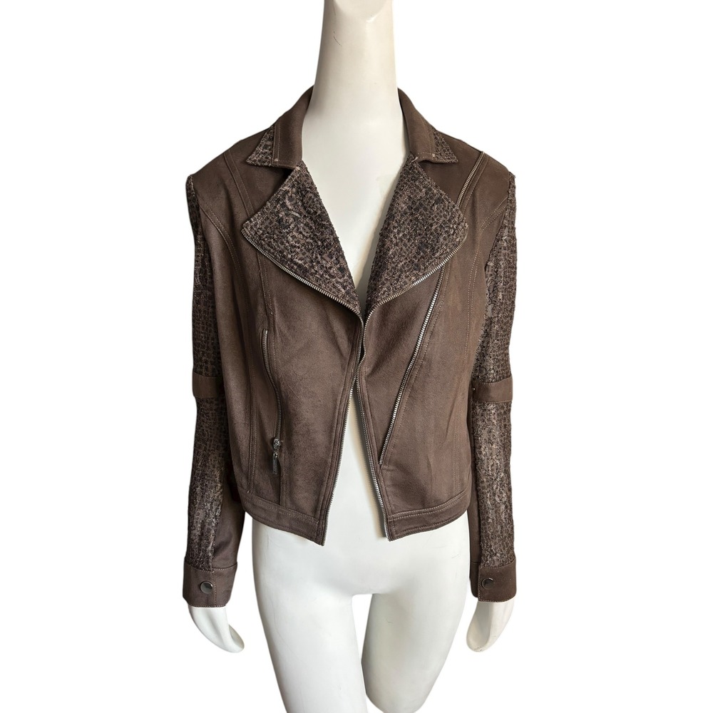 Joseph Ribkoff  Brown Faux Suede & Zipper Moto‎ Jacket Sequin Lace Panel Size M